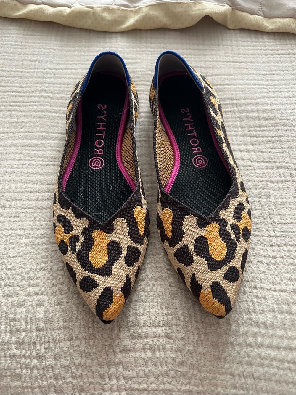 Rothy's Leopard-Print Pointed Toe Flats in Brown and Gold